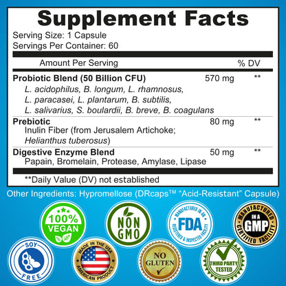 Probiotics with Digestive Enzymes and Prebiotic for Women and Men - 3-In-1 Vegan Probiotic Prebiotic Multi Enzyme Complex for Gut Health - Maple Wellness Supplements