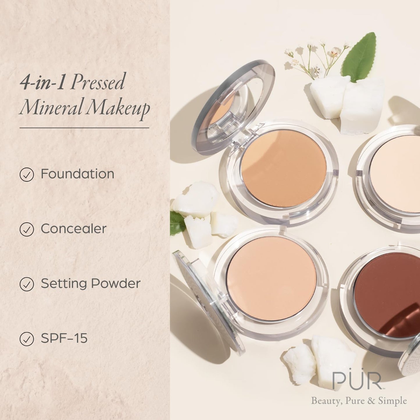 PUR Beauty 4-in-1 Pressed Mineral Makeup Powder Foundation with SPF 15 - Concealer & Finishing Compact Pressed Powder for Face - Buildable Medium to Full Coverage Foundation Powder (Blush Medium) - Maple Wellness Supplements