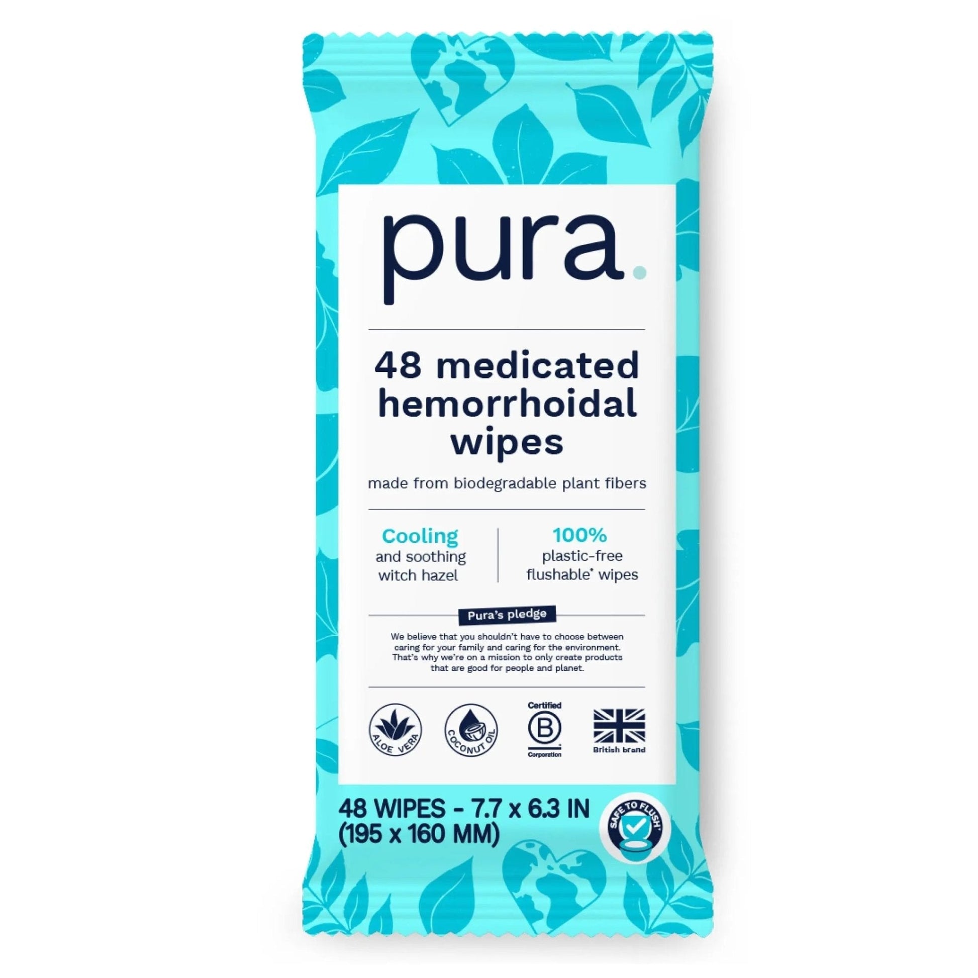 Pura Flushable Hemorrhoid Wipes XL, 48 Count, Medicated with Cooling Witch Hazel, Aloe & Coconut Oil, Fast Relief, Fragrance-Free, 100% Plastic-Free - Maple Wellness Supplements