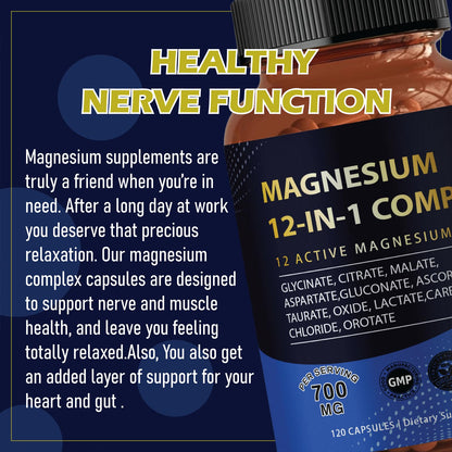Puravita Magnesium Complex 700mg 12 in 1 Magnesium Supplement with Glycinate, Citrate, Malate & More | Easy Absorption, Energy Support, Vegan & Non-GMO | 120 Capsules (1pc) - Maple Wellness Supplements