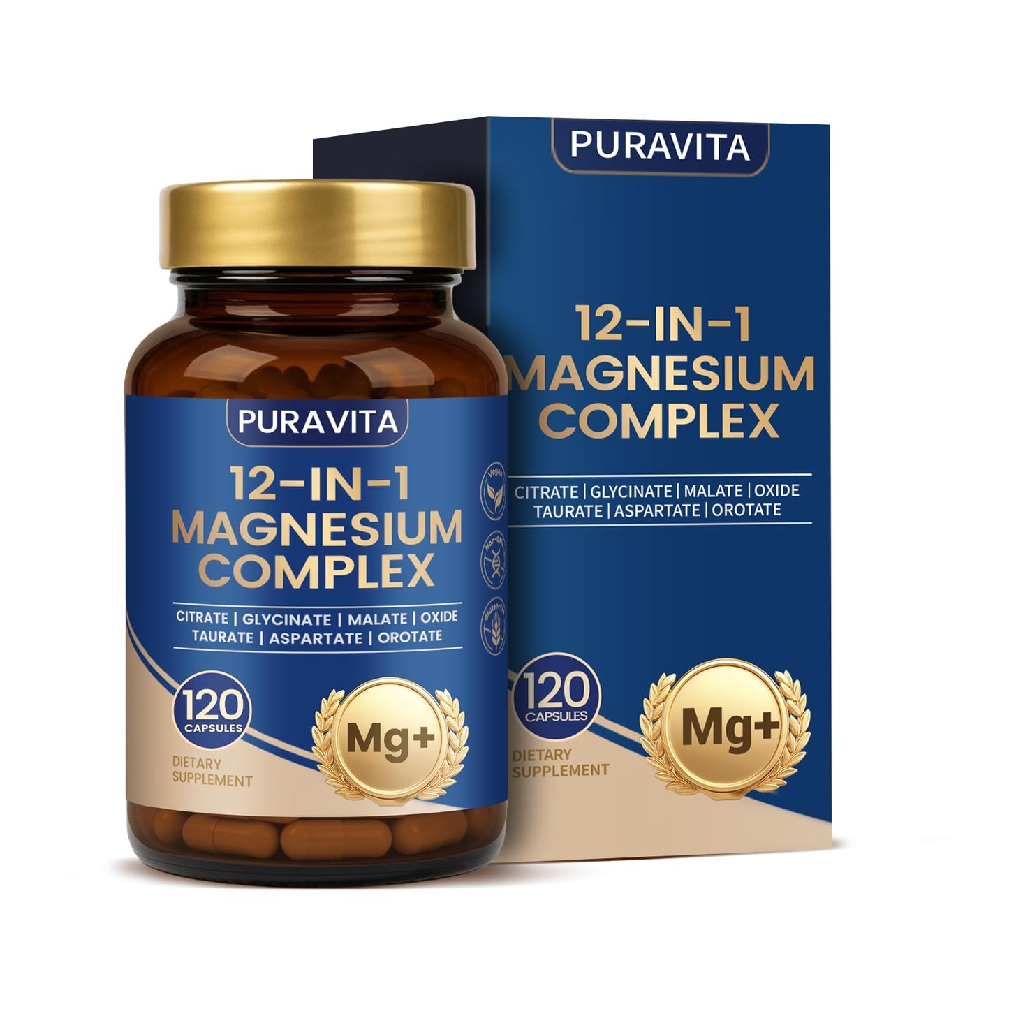Puravita Magnesium Complex - Puravita 12 in 1 Magnesium Supplement with Glycinate, Citrate, Malate, Oxide, Taurat & More for Muscle, Nerve & Sleep Support, 120 Count - Maple Wellness Supplements