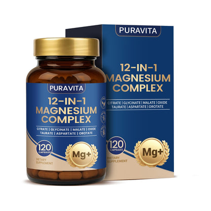 Puravita Magnesium Complex - Puravita 12 in 1 Magnesium Supplement with Glycinate, Citrate, Malate, Oxide, Taurat & More for Muscle, Nerve & Sleep Support, 120 Count - Maple Wellness Supplements