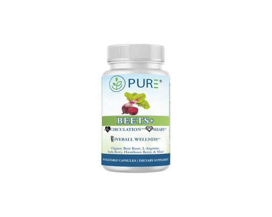 PURE® Beets+ Organic Beet Root Capsules - 900mg - 90 Count, 30 Servings - Blood Pressure & Circulation Support Supplement - with L-Arginine, Hawthorn Berry & B12 - Cardiovascular Health - Made in USA - Maple Wellness Supplements