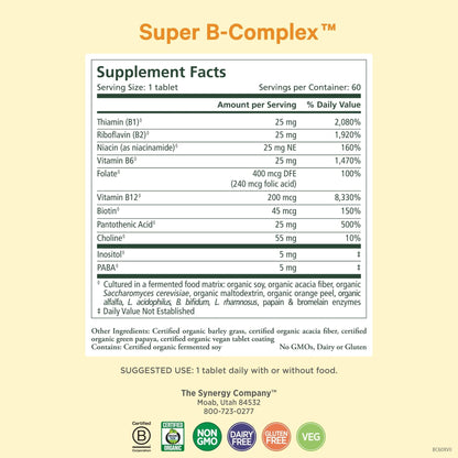 PURE SYNERGY Super B-Complex | Vitamin B Complex Made with Organic Whole Foods | Vegan Supplement with Natural Vitamin B12, Niacin, and Folate | for Energy - Maple Wellness Supplements