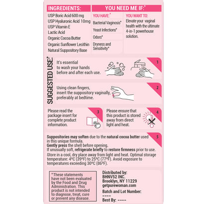 PURE WOMAN - pH-ighter Vaginal Boric Acid Suppositories for Women - Hyaluronic Acid - 4 in 1 Vaginal Suppositories for Discomfort, Dryness, Odor & pH Balance- Full Vaginal Health Care - 7pk - Maple Wellness Supplements
