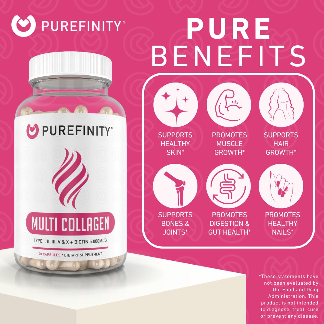 PUREFINITY Collagen Peptides for Women – Type I, II, III, V & X with Biotin & Hyaluronic Acid, Supports Healthy Skin, Bones, Hair & Nails – Non-GMO, Grass-Fed (90 Capsules, 1 Month Supply) - Maple Wellness Supplements