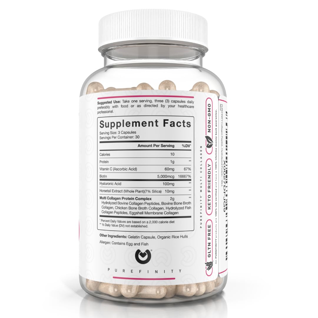 PUREFINITY Collagen Peptides for Women – Type I, II, III, V & X with Biotin & Hyaluronic Acid, Supports Healthy Skin, Bones, Hair & Nails – Non-GMO, Grass-Fed (90 Capsules, 1 Month Supply) - Maple Wellness Supplements