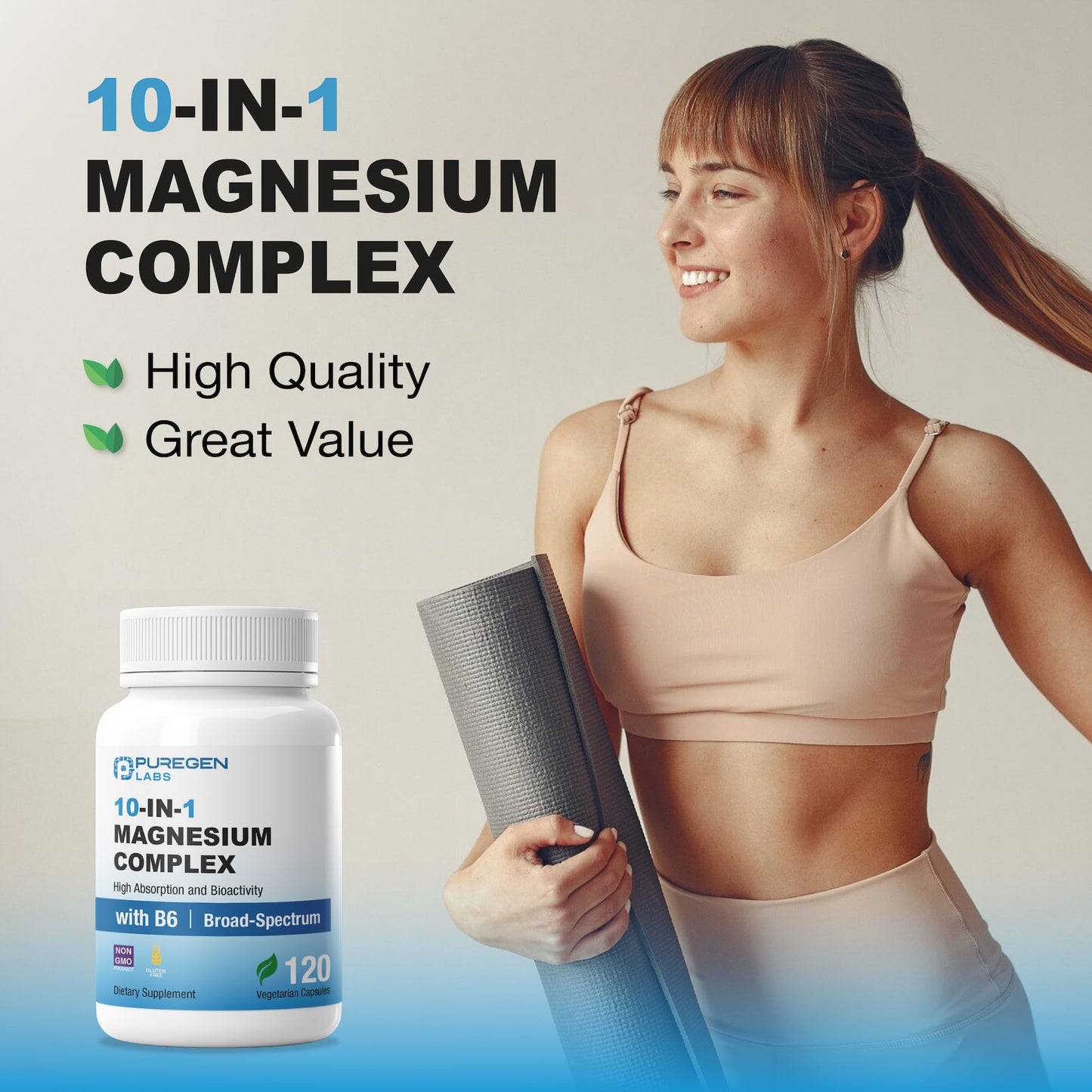 Puregen Labs 10 in 1 Magnesium Complex 500mg with B6-120 Veggie Capsules [High Absorption and Bioactivity] Non-GMO, NO Gluten and Dairy - Maple Wellness Supplements