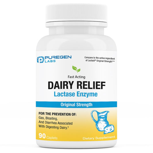Puregen Labs Dairy Relief Natural Fast Acting Lactase Enzyme 3000 FCC, Lactose Intolerance Pills 90 Caplets - Maple Wellness Supplements