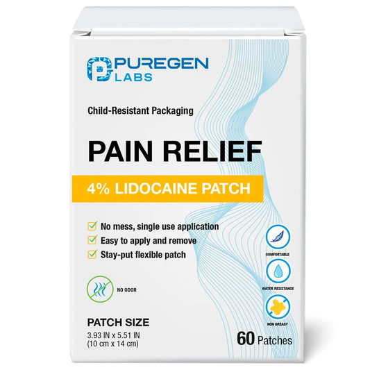 Puregen Labs Lidocaine 4% Numbing Patch - Total 60 Patches Maximum Strength | Fast Acting Temporary Relief of Aches | Back, Neck, Shoulders, Elbows and Knees - Maple Wellness Supplements
