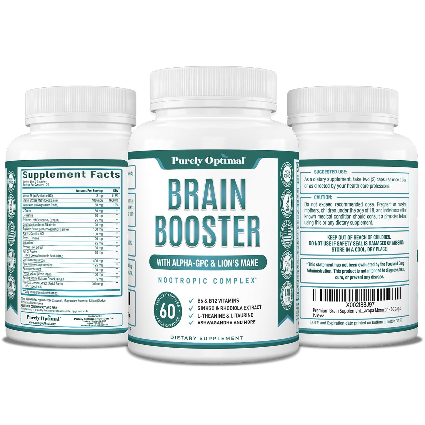 Purely Optimal Brain Booster Nootropic Supplement – Brain Support for Memory, Focus, Clarity, Jitter-Free Energy for Adults, Seniors– with Ginkgo Biloba, Alpha GPC, Lion’s Mane – 60 Capsules - Maple Wellness Supplements