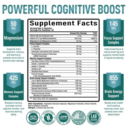 Purely Optimal Brain Booster Nootropic Supplement – Brain Support for Memory, Focus, Clarity, Jitter-Free Energy for Adults, Seniors– with Ginkgo Biloba, Alpha GPC, Lion’s Mane – 60 Capsules - Maple Wellness Supplements