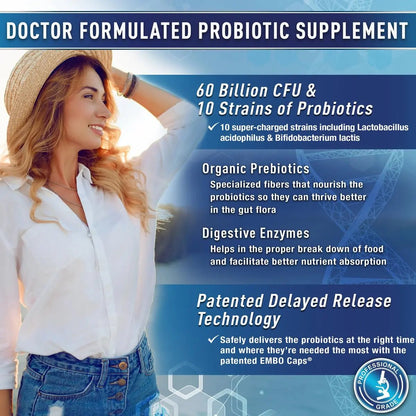 Purely Optimal Probiotics for Digestive Health, 60 Billion CFU – Delayed-Release with Digestive Enzymes & Organic Prebiotics – Bloating, Immune & Energy Support, 30 Caps - Maple Wellness Supplements