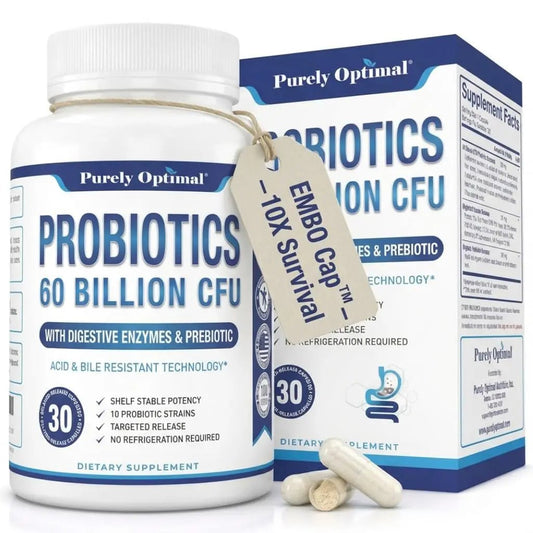Purely Optimal Probiotics for Digestive Health, 60 Billion CFU – Delayed-Release with Digestive Enzymes & Organic Prebiotics – Bloating, Immune & Energy Support, 30 Caps - Maple Wellness Supplements