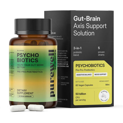PUREWELL SCIENCES Psychobiotics – Advanced 3-in-1 Probiotic Prebiotic Postbiotic Supplement for Gut and Mood Support - 60 Vegan Probiotic Capsules – 50 Billion CFU – 1-Month Supply - Maple Wellness Supplements
