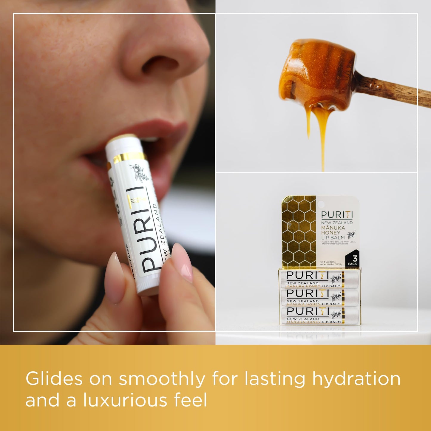 PURITI Manuka Honey Lip Balm – 3pack Soothing & Moisturizing, Enriched with Almond - Maple Wellness Supplements