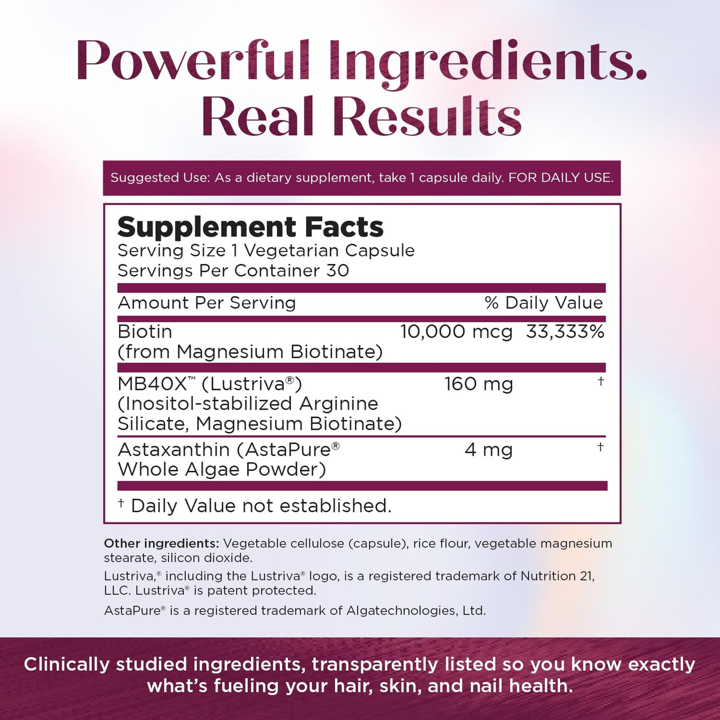 Purity Products MyBiotin ProClinical – Thicker Hair Starting in 3 Weeks & Fights Wrinkles - MB40X Patented Biotin Vitamin B7 Matrix w/Astaxanthin - Maple Wellness Supplements