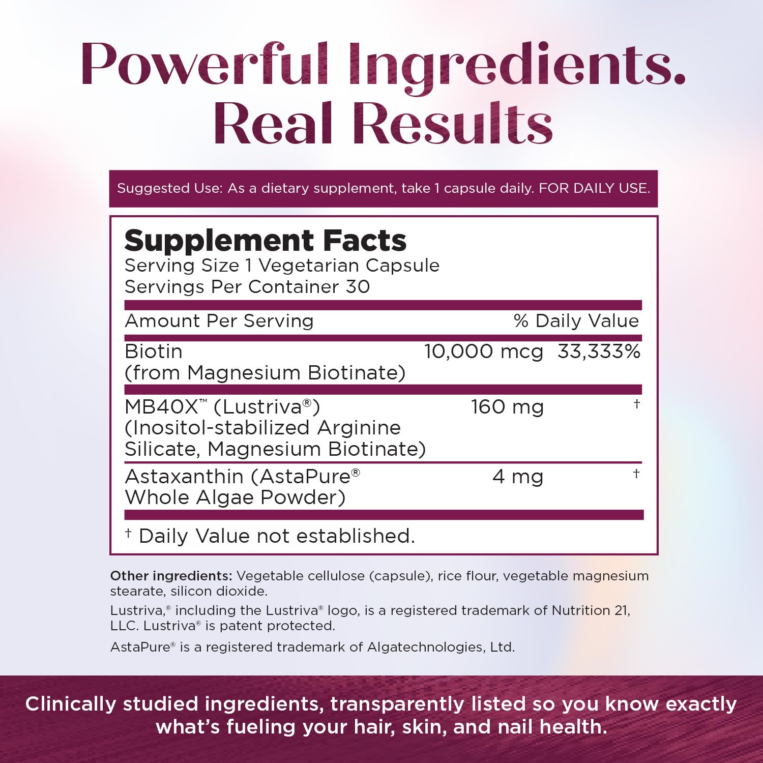 Purity Products MyBiotin ProClinical – Thicker Hair Starting in 3 Weeks & Fights Wrinkles - MB40X Patented Biotin Vitamin B7 Matrix w/Astaxanthin - Maple Wellness Supplements