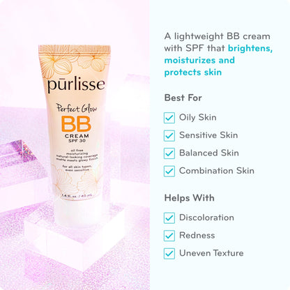 pūrlisse Perfect Glow BB Cream with SPF 30 - Matte Meets Dewy Finish - Enriched with Goji & Hawthorn Berry to Help Improve Skin Texture & Radiance - Medium Golden (1.4 oz) - Maple Wellness Supplements