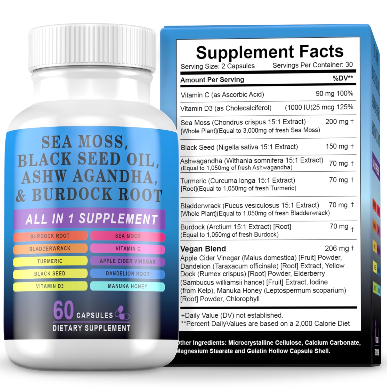 Pyzor Sea Moss Black Seed Oil Ashwagandha Turmeric Bladderwrack Burdock, Elderberry Manuka Dandelion, Burdock Root Turmeric Vitamin D3 Chlorophyll - 60 Capsules - Maple Wellness Supplements