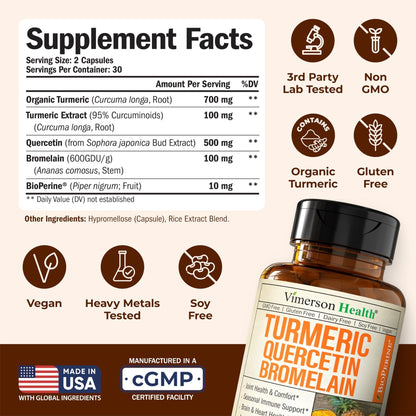 Quercetin with Bromelain Turmeric Curcumin Supplement – Allergy Relief, Immune & Joint Support – Organic Turmeric Supplement w/Bioperine for Enhanced Absorption - Maple Wellness Supplements