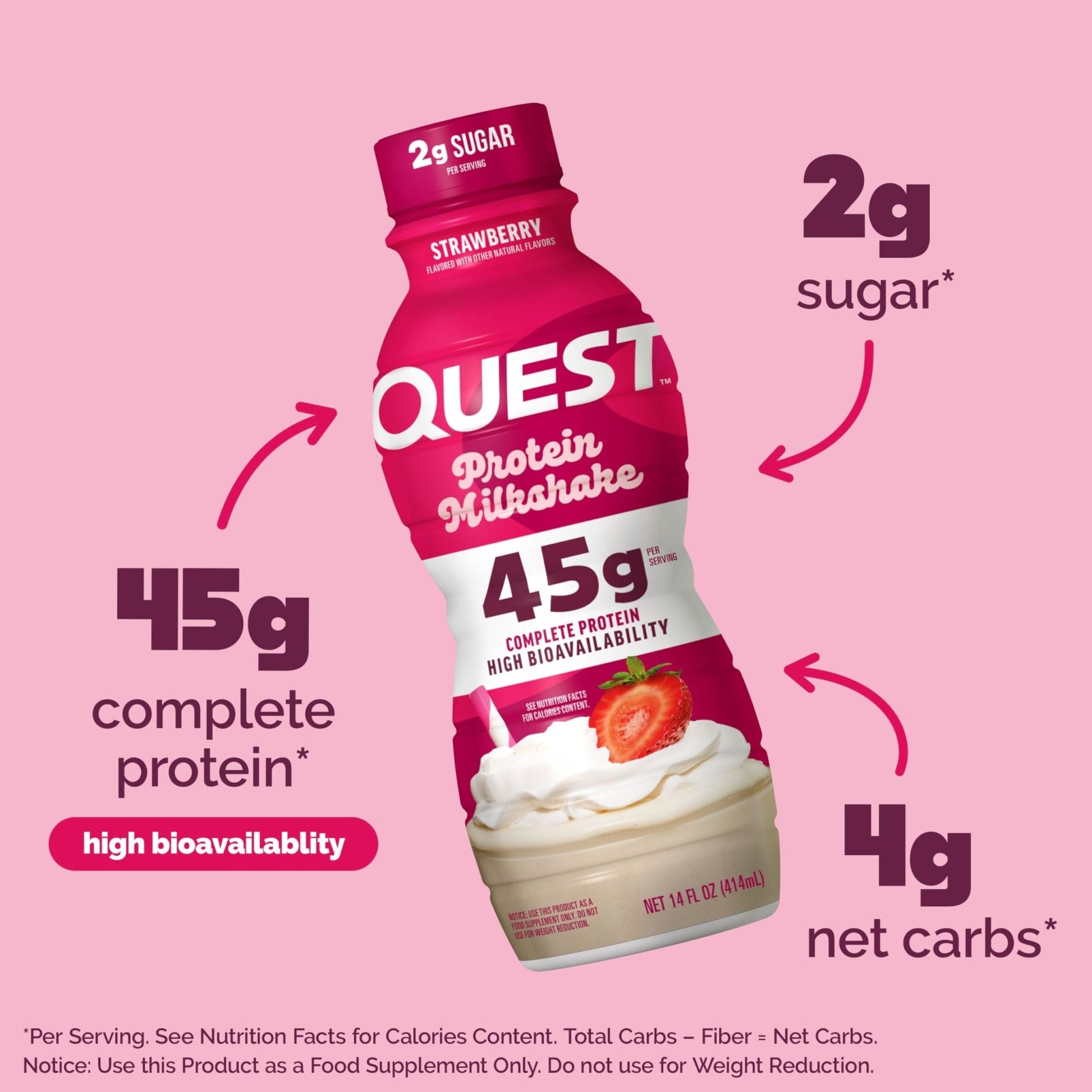 Quest Nutrition Strawberry Protein Shake, 45g Protein, 2g Sugar, 4g Net Carbs, Ready to Drink, Gluten Free, 4 Count - Maple Wellness Supplements