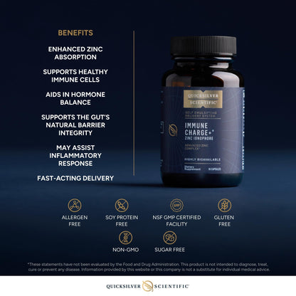 Quicksilver Scientific Immune Charge+ Zinc Ionophore - Zinc Supplement Complexed with Quercetin, Luteolin, Hesperetin Immune + GI Support (60 Capsules) - Maple Wellness Supplements
