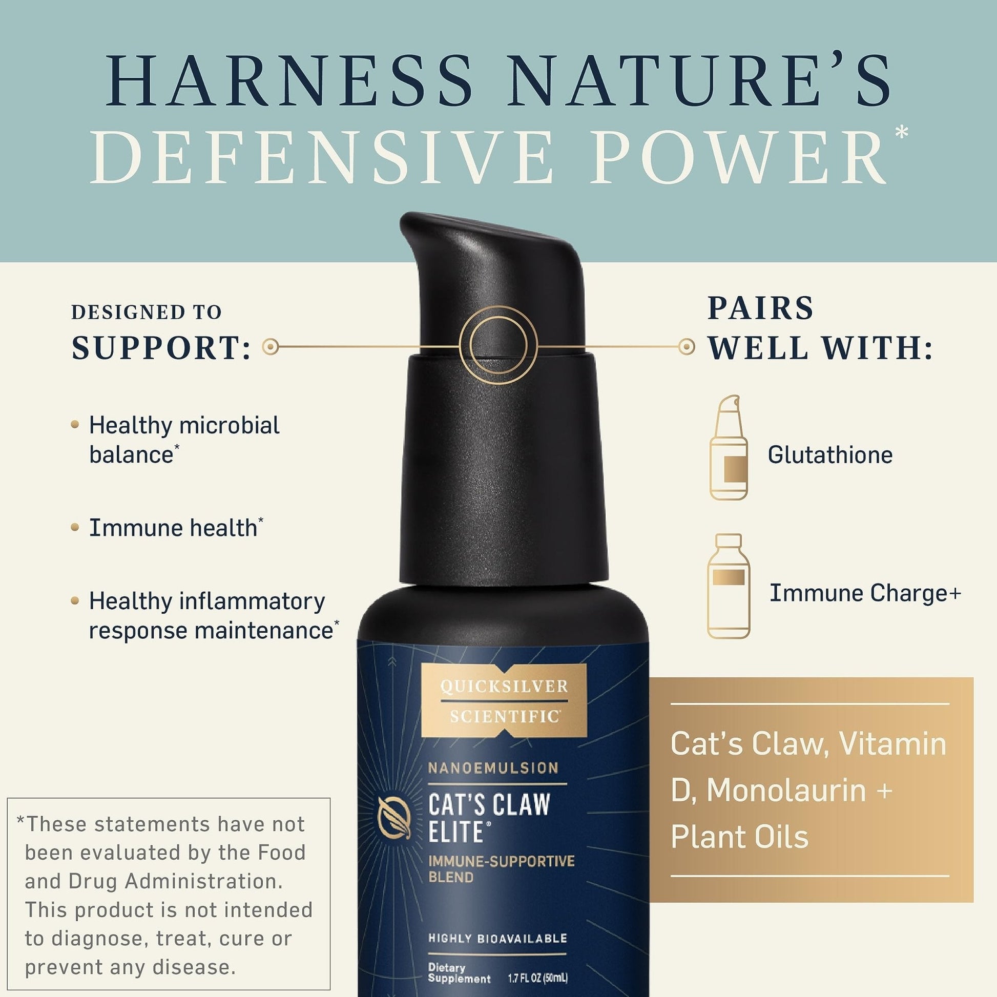 Quicksilver Scientific Nanoemulsified Cat's Claw - Liquid Immune Support Supplement with Uncaria tomentosa, 1000 IU Vitamin D + Monolaurin - Vegan + Superior Liposomal Absorption (1.7oz / 50ml) - Maple Wellness Supplements