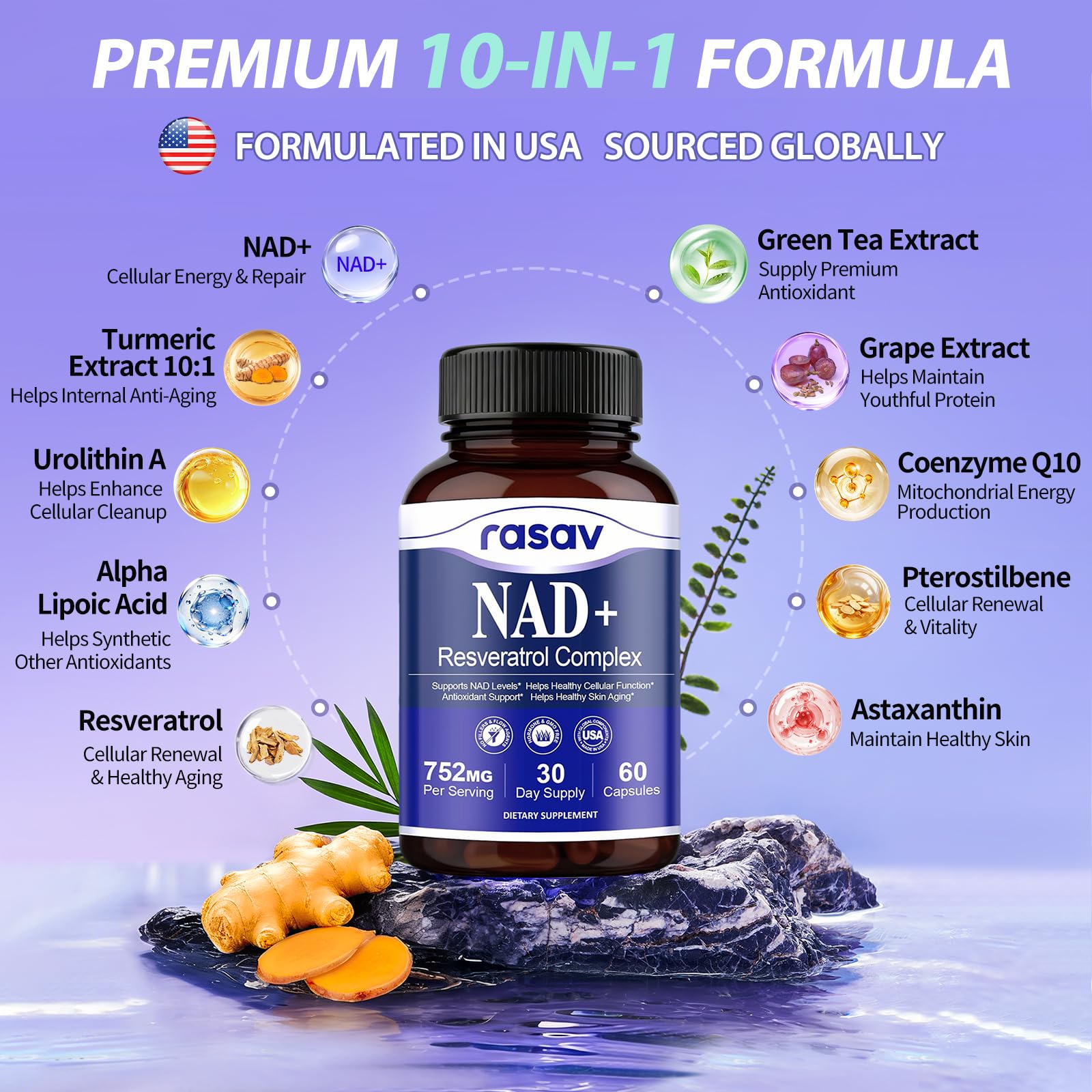 Rasav NAD Supplement 10-in-1 Extra Strength – NAD Resveratrol with CoQ10, Urolithin A, Green Tea Extract & ALA – NMN Supplement Alternative for Women & Men - Maple Wellness Supplements