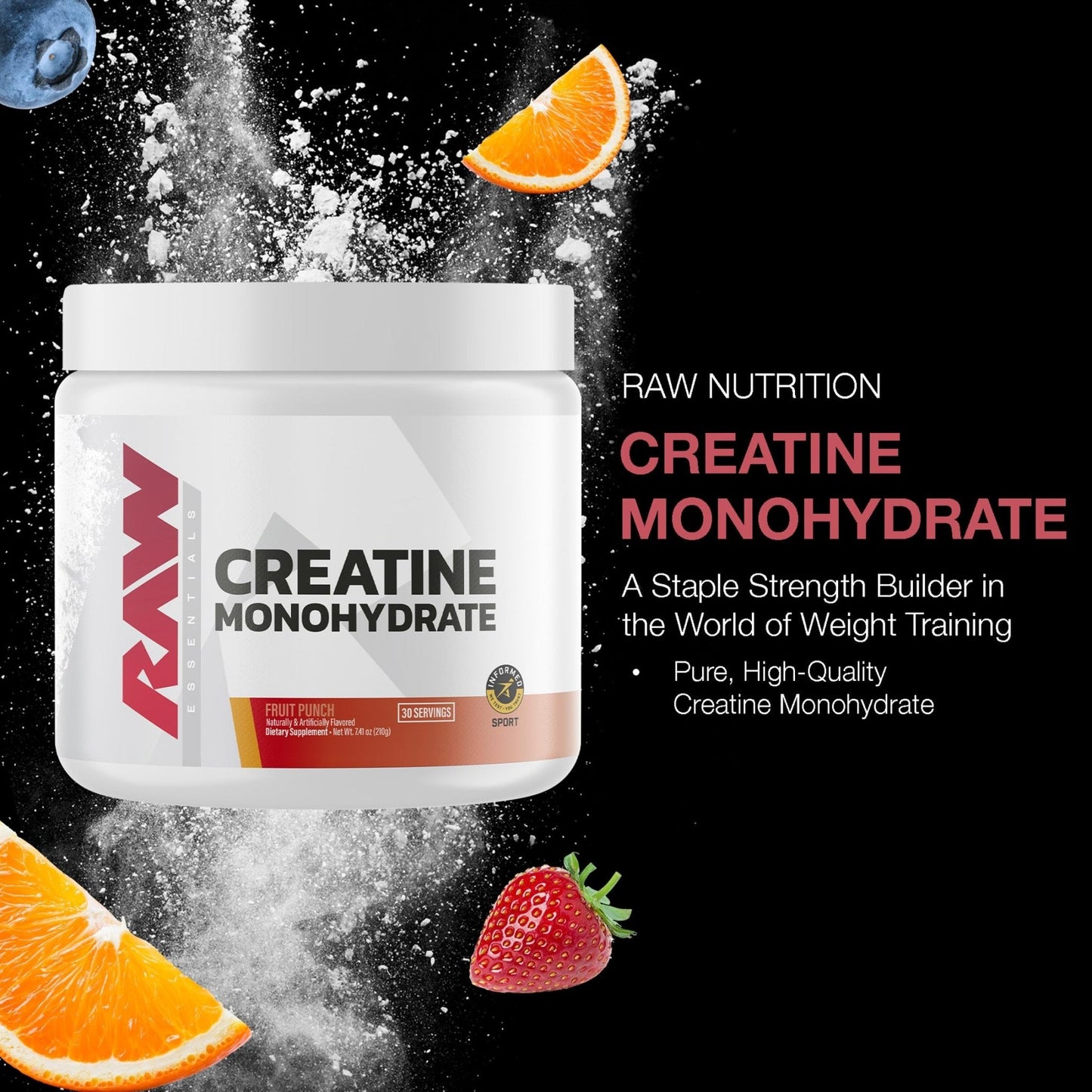 RAW Nutrition Creatine Monohydrate Powder, Fruit Punch (30 Servings) - Micronized Creatine Monohydrate Supplement for Workout Performance, Build Muscle & Strength - Maple Wellness Supplements
