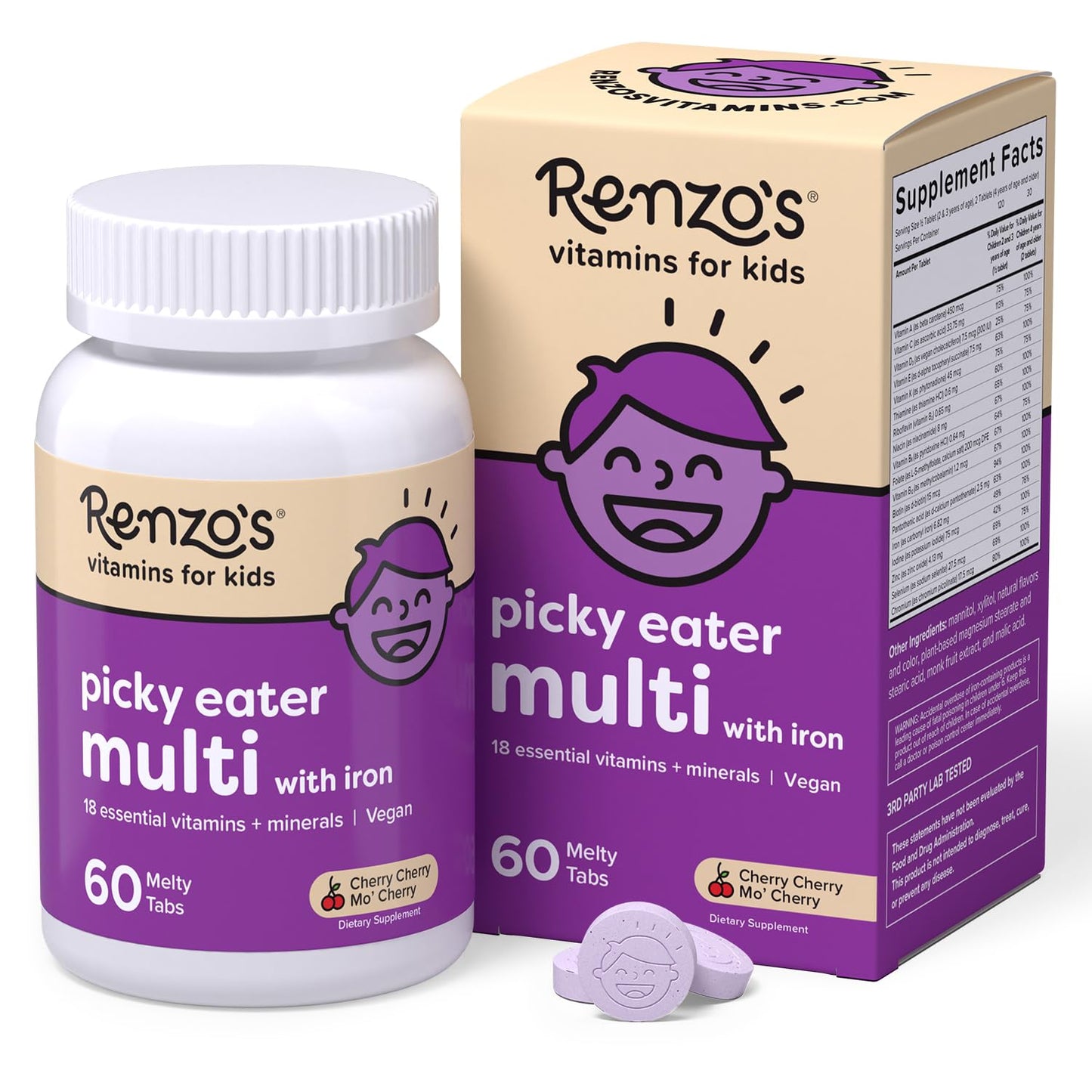 Renzo's Picky Eater Kids Multivitamin with Iron - Dissolvable Kids Vitamins with Iron, Zinc, Vitamin C, Vitamin D, E & K, Sugar-Free Melty Tabs, Cherry Flavor - Maple Wellness Supplements