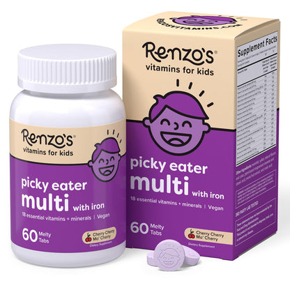 Renzo's Picky Eater Kids Multivitamin with Iron - Dissolvable Kids Vitamins with Iron, Zinc, Vitamin C, Vitamin D, E & K, Sugar-Free Melty Tabs, Cherry Flavor - Maple Wellness Supplements