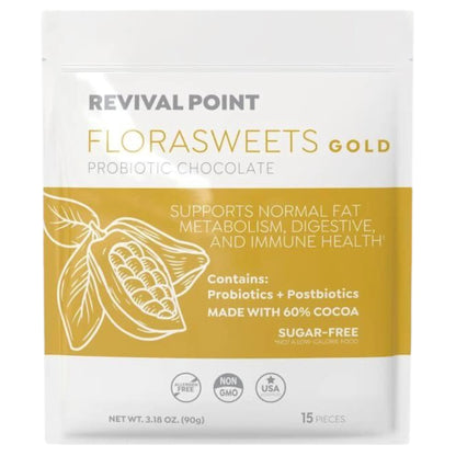 Revival Point Florasweets Gold Chocolate Bites with Probiotic + Postbiotic Stains DE111 & BPL1 - Indivally Wrapped - Supports Digestive & Gut Health Bacillus subtilis (1) - Maple Wellness Supplements