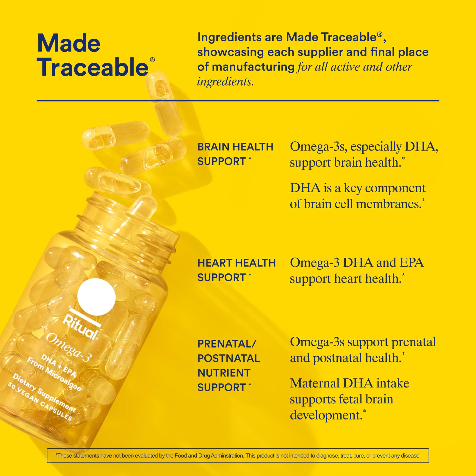Ritual Omega 3 - Vegan - Science-Backed Dose of DHA & EPA Fatty Acids in 2:1 Ratio, Bioavailable, Brain and Heart Health Support, Minimal Burp-Back, Sustainably Sourced Microalgae, 30 Day Supply - Maple Wellness Supplements