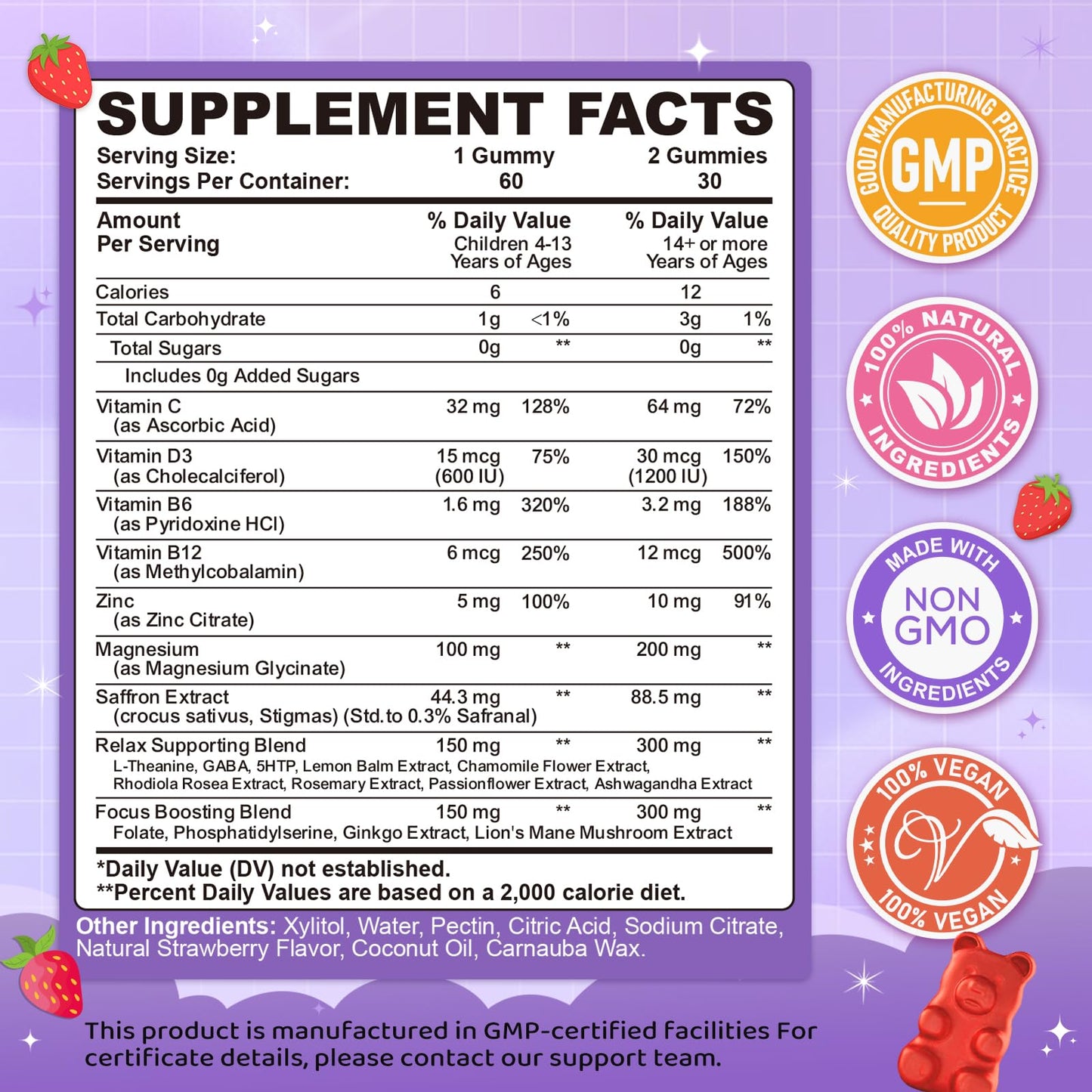 Saffron Gummies for Kids & Adults, 20-in-1 Saffron Supplements with 88.5mg Saffron Extract, B6, B12, C, D3, Magnesium for Calm, Focus, Nerve, Sugar Free, Vegan - Maple Wellness Supplements