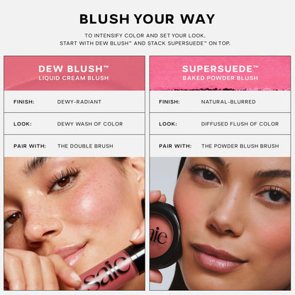 Saie Blush & Brush Duo - SuperSuede Baked Blush in Stella (.01 oz) & Powder Blush Brush - Talc-Free, Moisturizing Blush with Vegan, Fluffy Brush for Seamless Application - Maple Wellness Supplements