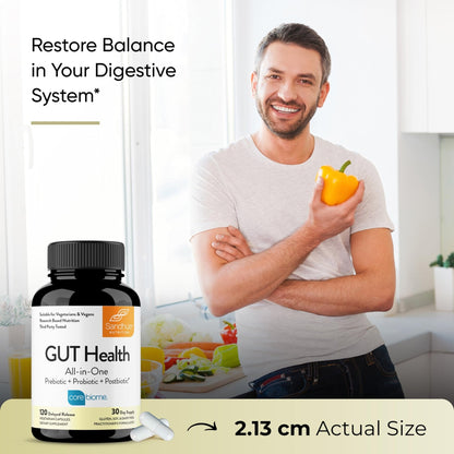 Sandhu's Gut Health - Prebiotic, Probiotic, Postbiotic & L-Glutamine | Digestive Health, Colon, Probiotic Total Supplements | 120 Delayed Release Capsules - Maple Wellness Supplements