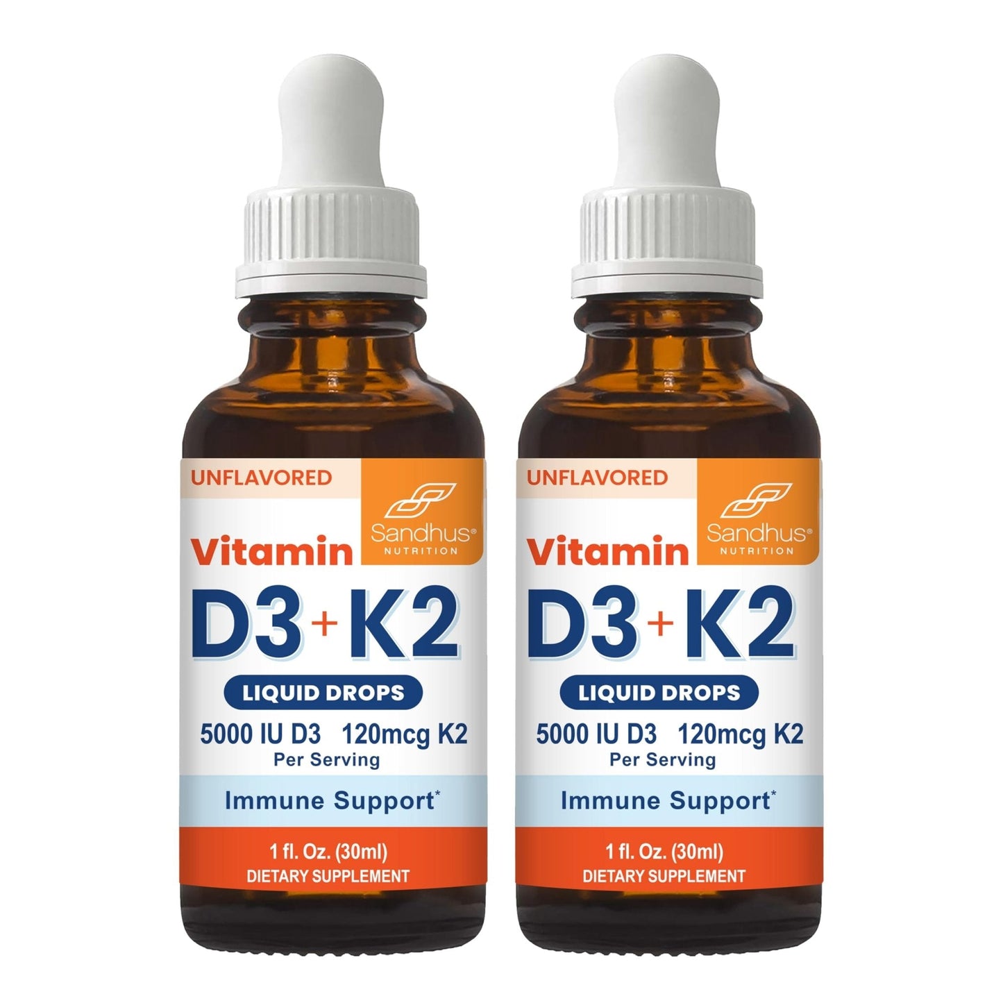 Sandhu's Vitamin D3 K2 Drops for Adults | 5000 IU D3 Liquid, 120mcg K2 Supplement 1 Fl Oz (Pack of 2) | D3K2 Supports Superior Absorption - Maple Wellness Supplements