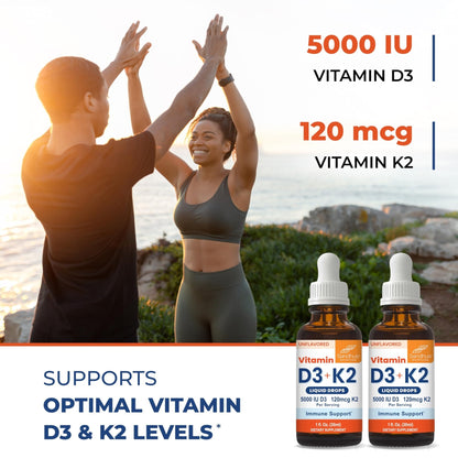 Sandhu's Vitamin D3 K2 Drops for Adults | 5000 IU D3 Liquid, 120mcg K2 Supplement 1 Fl Oz (Pack of 2) | D3K2 Supports Superior Absorption - Maple Wellness Supplements