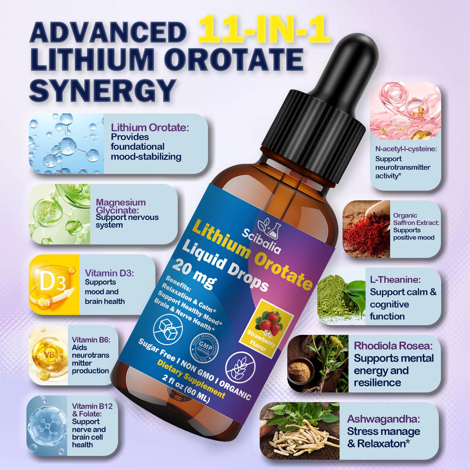 Scibalia Lithium Orotate Liquid Drops 20mg, Potency 11-in-1 Lithium Supplement w. NAC Magnesium Ashwagandha Theanine Vitamin D3 B6 B12 for Memory Brain Mood Cognitive Support, - Maple Wellness Supplements