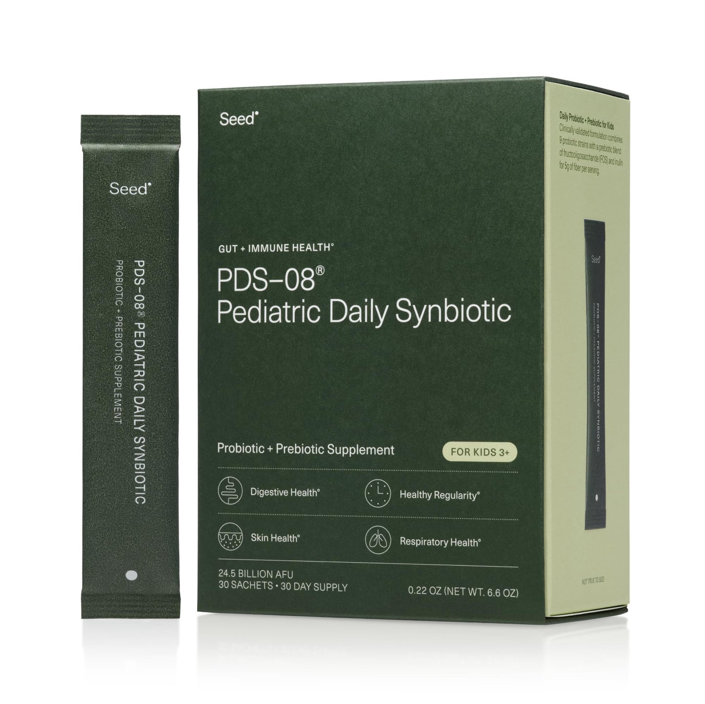 Seed PDS-08 Pediatric Daily Synbiotic - Fiber-Based Prebiotic & Probiotic for Kids - Digestive Health, Regularity, Constipation Relief - Ages 3-17 - Vegan and Shelf-Stable - 30 Sachets (30-Day Supply) - Maple Wellness Supplements