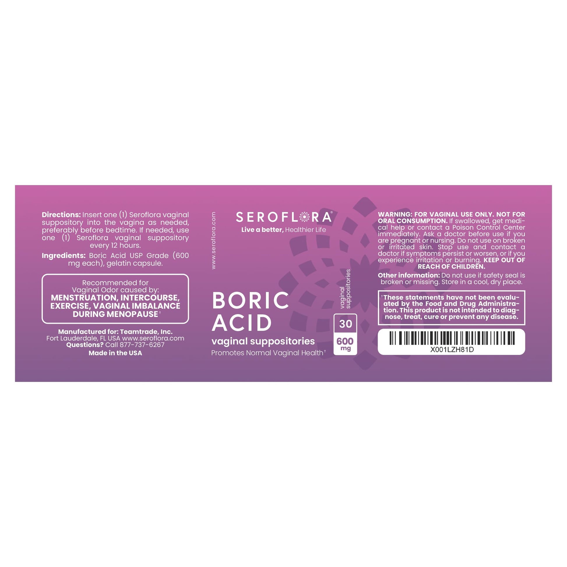 Seroflora Boric Acid 600mg Feminine Capsules, Feminine pH Support, Intimate Freshness for Women, Fast-Dissolving Capsules (60 Count) - Maple Wellness Supplements