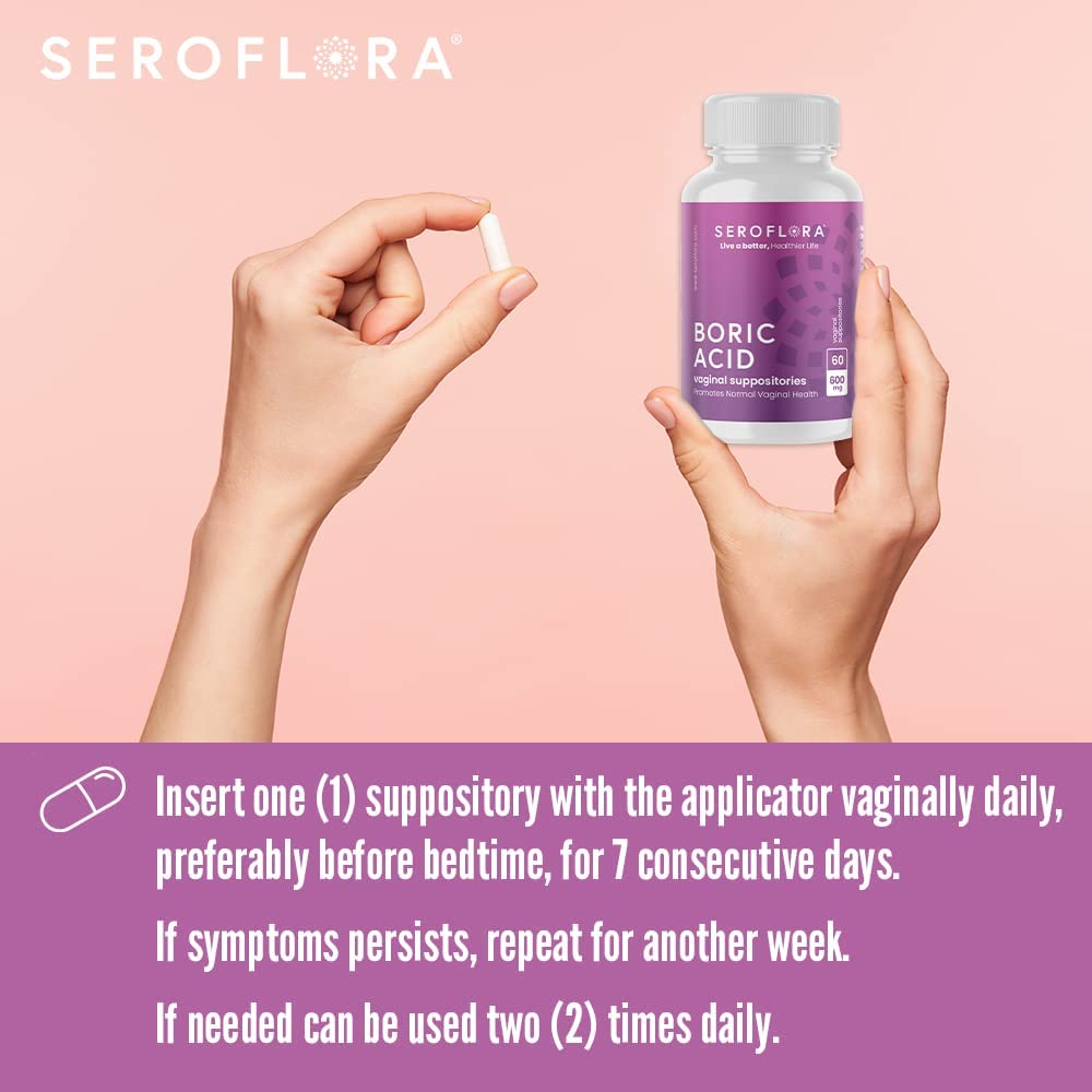 Seroflora Boric Acid Vaginal Suppositories for Women + 1 Suppository Applicator - Helps Support Vaginal Odor pH Balance, Yeast Infection and Bacterial Vaginosis - Maple Wellness Supplements