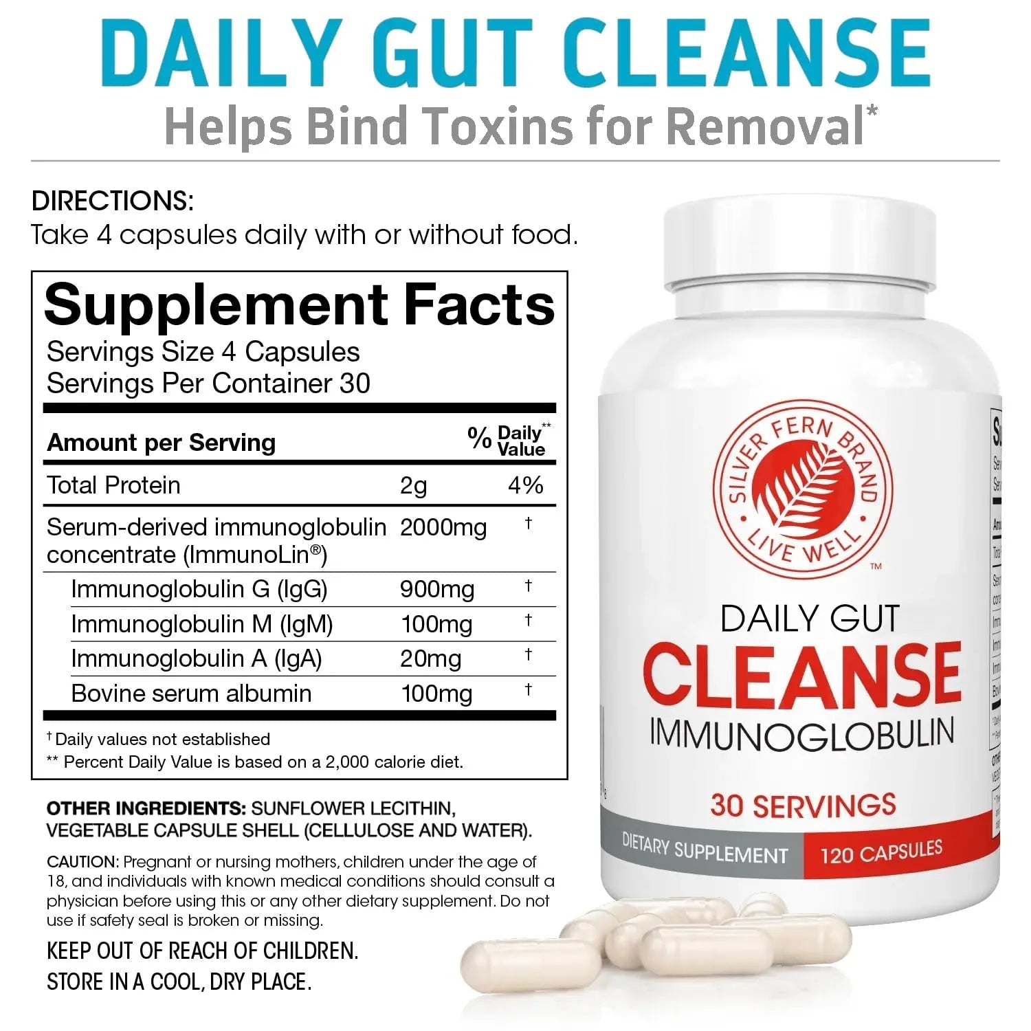Silver Fern Cleanse - Daily Gut - 1 Bottle - 120 Capsules - 30 Day Supply - Immunoglobulin G, A & M -(IgG, IGA, IgM) - Postbiotic - Maple Wellness Supplements