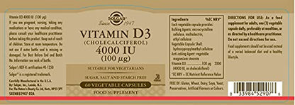 Solgar Vitamin D3 4000 IU (100 µg) Vegetable Capsules - Pack of 60 - Cholecalciferol - Maple Wellness Supplements