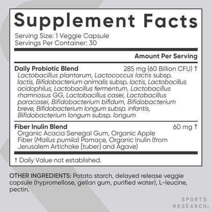 Sports Research Daily Probiotics with Prebiotics, 60 Billion CFU - Vegan Capsules for Gut Health & Digestive Support, Probiotics for Women & Men - Non-GMO Verified & Gluten Free - 30 Count - Maple Wellness Supplements
