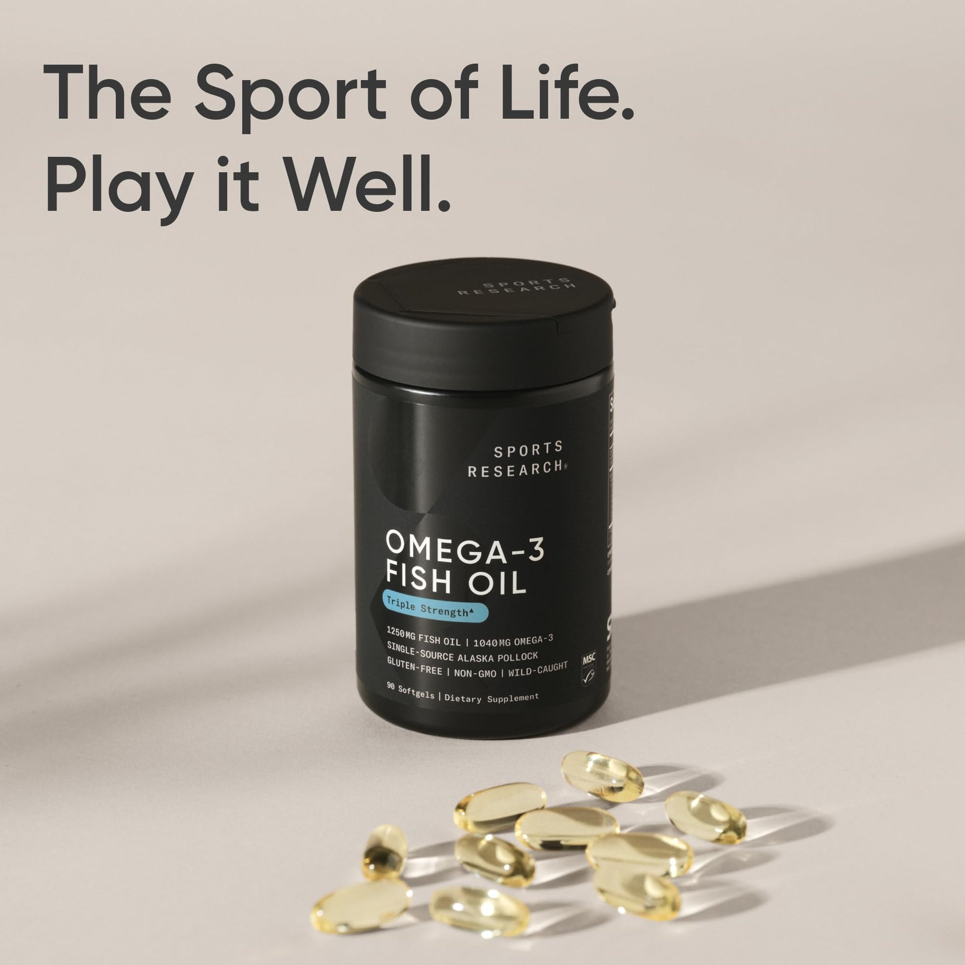 Sports Research® Omega-3 Fish Oil 1250 - Triple Strength Fish Oil Supplement from Wild Alaska Pollock - MSC Certified Sustainable · Non-GMO · Soy Free - 90 Softgel Capsules - Maple Wellness Supplements
