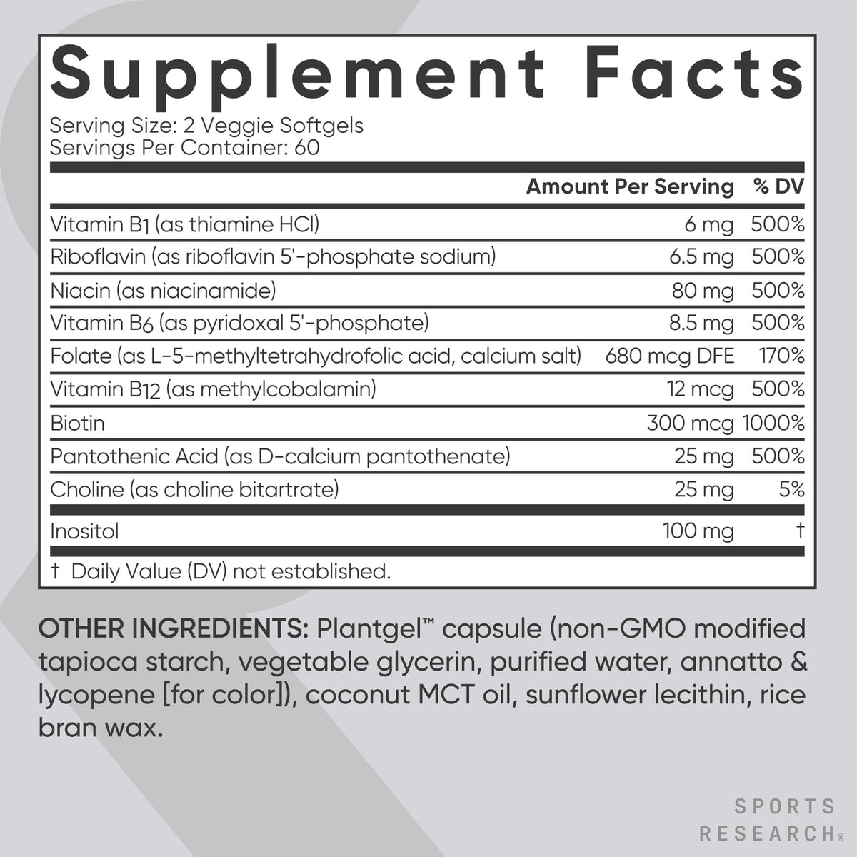 Sports Research® Vitamin B-Complex - Full Spectrum of B Vitamins with Methylated B12 & Folate - Gluten Free · Plant-Based · Non-GMO · Vegan-Friendly Formula - 120 Veggie Softgels - Maple Wellness Supplements