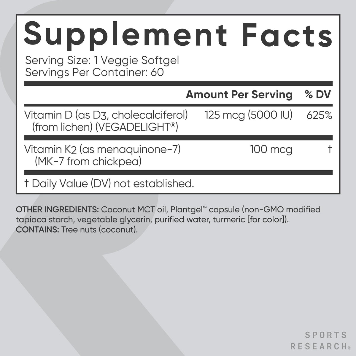 Sports Research® Vitamin D3 + K2 w/ Coconut Oil - Vegan Vitamin D 5000iu & Mk7 Vitamin K 100mcg for Bone & Immune Support - Vegan Certified · Non-GMO · Soy Free - 60 Softgels - Maple Wellness Supplements