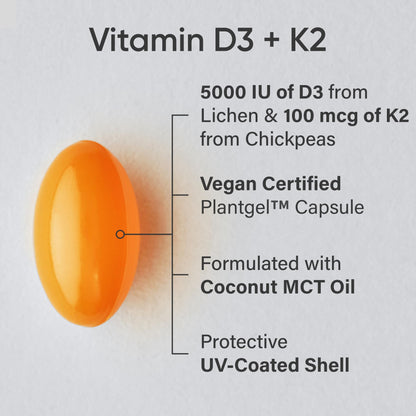 Sports Research® Vitamin D3 + K2 w/ Coconut Oil - Vegan Vitamin D 5000iu & Mk7 Vitamin K 100mcg for Bone & Immune Support - Vegan Certified · Non-GMO · Soy Free - 60 Softgels - Maple Wellness Supplements